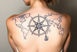 antique compass rose overlaid on weathered world map with sailing ships tattoo idea