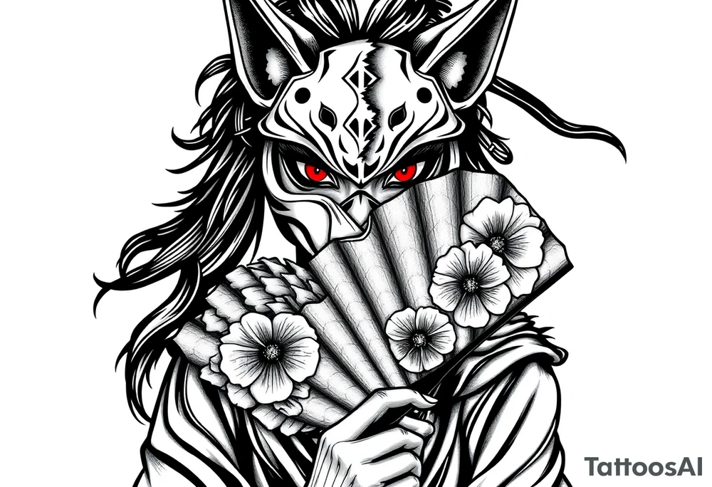 Woman samurai with red eyes wearing an half and broken fox mask, holding a japanese fan with irises. tattoo idea