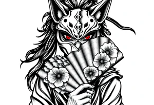 Woman samurai with red eyes wearing an half and broken fox mask, holding a japanese fan with irises. tattoo idea