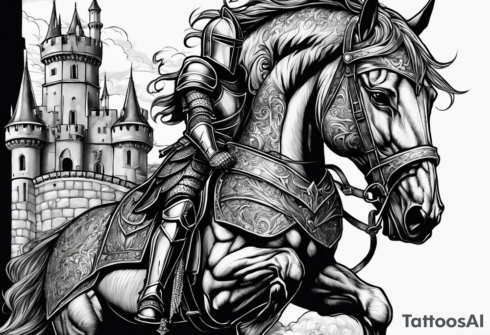 knight in armor full body with castle in background and dragon tattoo idea