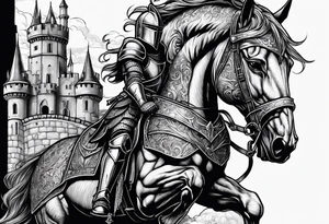 knight in armor full body with castle in background and dragon tattoo idea