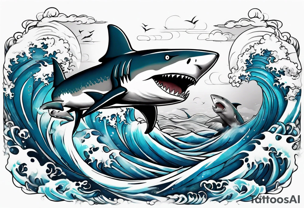Two sharks Japanese waves with Pisces sign in middle tattoo idea