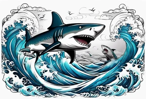 Two sharks Japanese waves with Pisces sign in middle tattoo idea