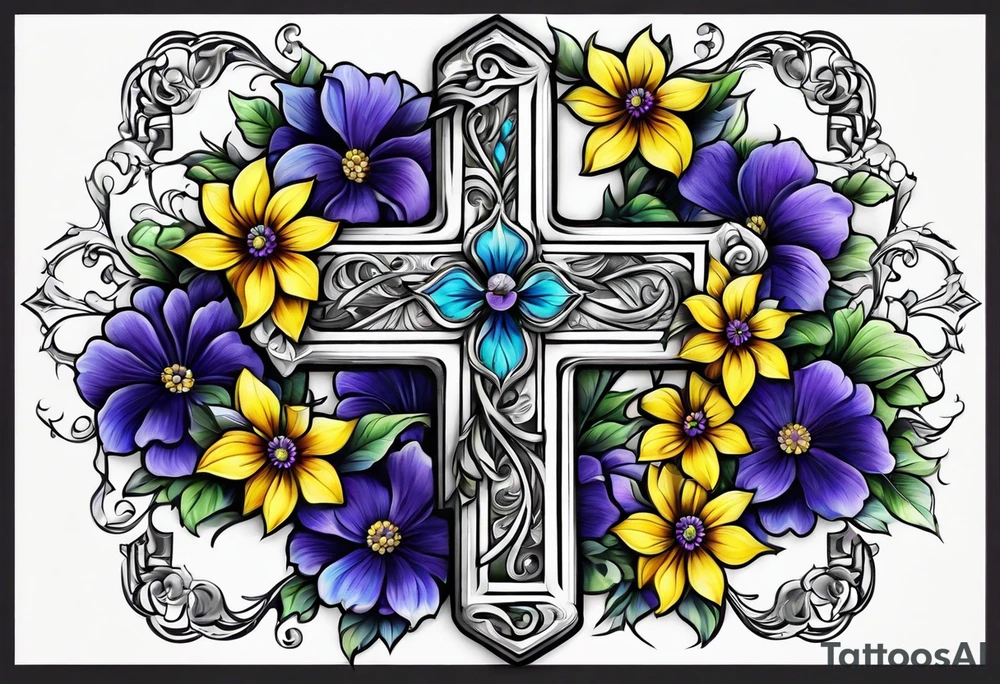 A cross with purple, yellow and blue flowers arm sleeve tattoo idea