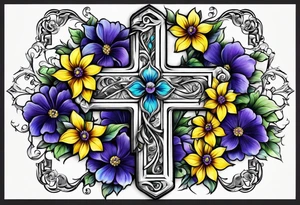 A cross with purple, yellow and blue flowers arm sleeve tattoo idea