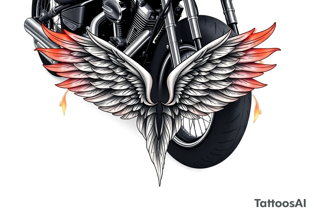 Low rider grey motorcycle, big muffler pipes with flames, angel wings tattoo idea