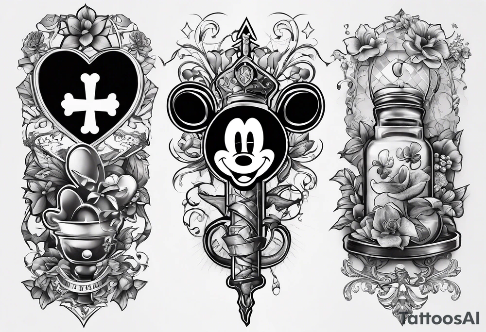Tattoo full left arm with a collage of a medicine caduceus and a mickey mouse silhouette tattoo idea