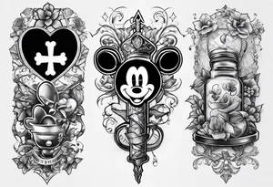 Tattoo full left arm with a collage of  a medicine caduceus and a mickey mouse silhouette tattoo idea