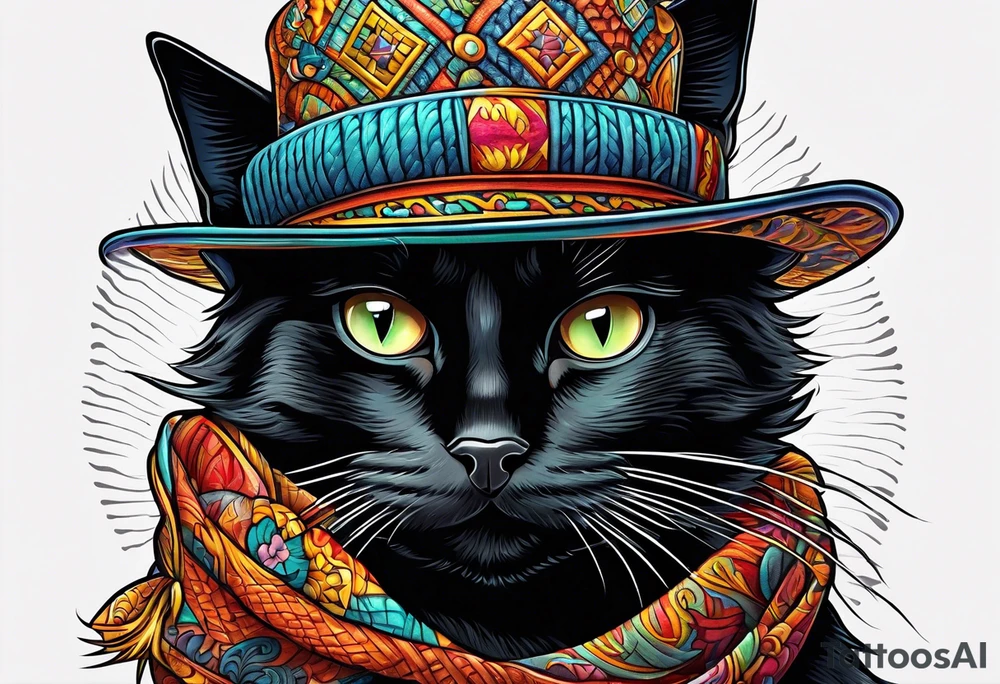 Black cat with a funny hat and a sweater tattoo idea