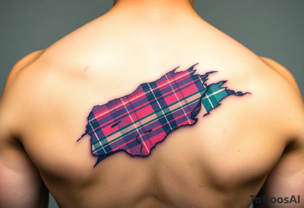 Side of arm Dark Purple with green pink blue and white highlights tartan fabric with skin peeling away at edges tattoo idea