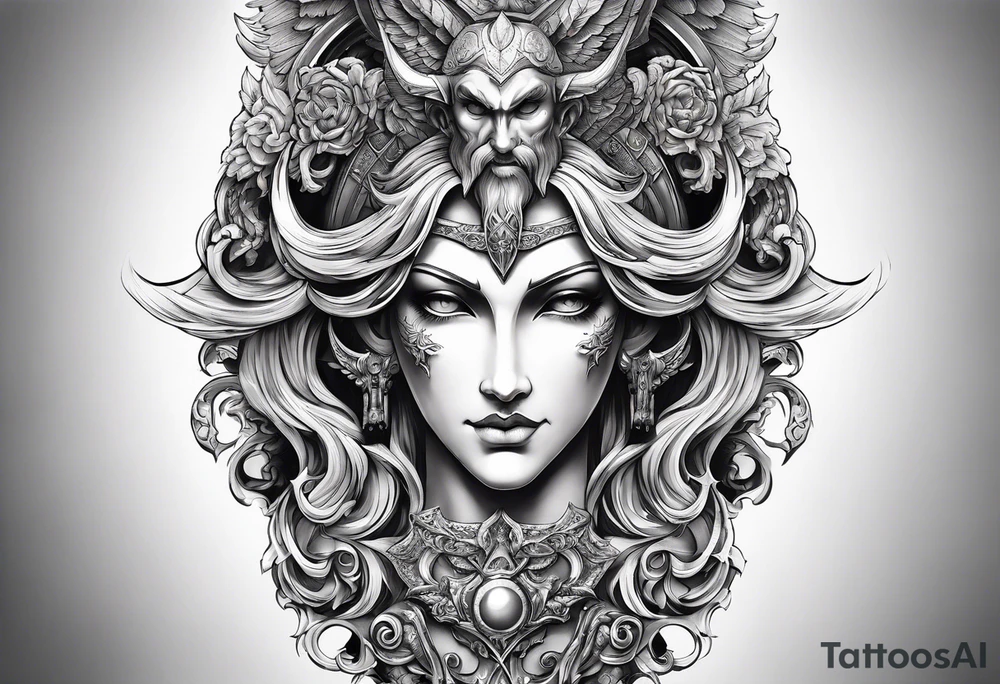 Craft a leg sleeve showcasing a pantheon of angels and demons from various mythologies, each with unique characteristics and symbolism, representing the duality of celestial beings. tattoo idea