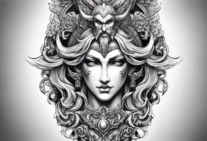 Craft a leg sleeve showcasing a pantheon of angels and demons from various mythologies, each with unique characteristics and symbolism, representing the duality of celestial beings. tattoo idea