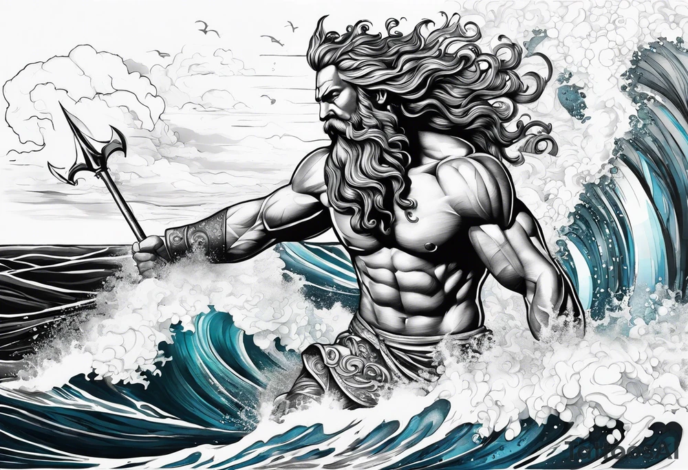 Poseidon steht in einer Welle im Meer tattoo idea