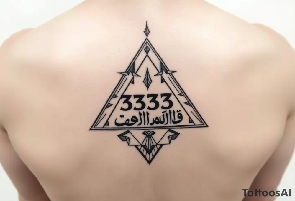 333 in a triangle with indigo in Arabic in the middle tattoo idea