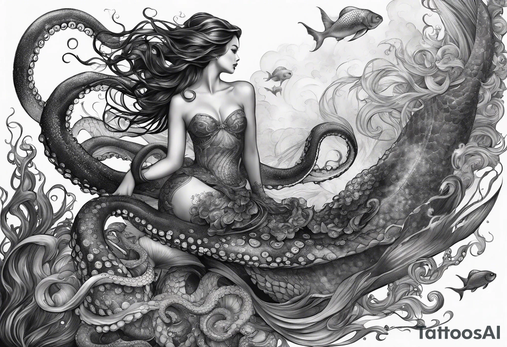 Octopus looking up at a mermaid in the ocean wrap around entire bottom of lower leg. tattoo idea