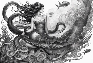 Octopus looking up at a mermaid in the ocean wrap around entire bottom of lower leg. tattoo idea