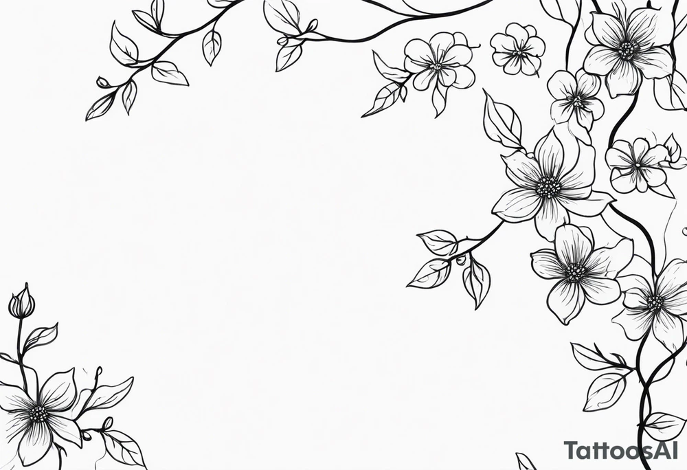 Create a delicate line art tattoo of intertwined vines and small blossoms, emphasizing elegance and simplicity. tattoo idea