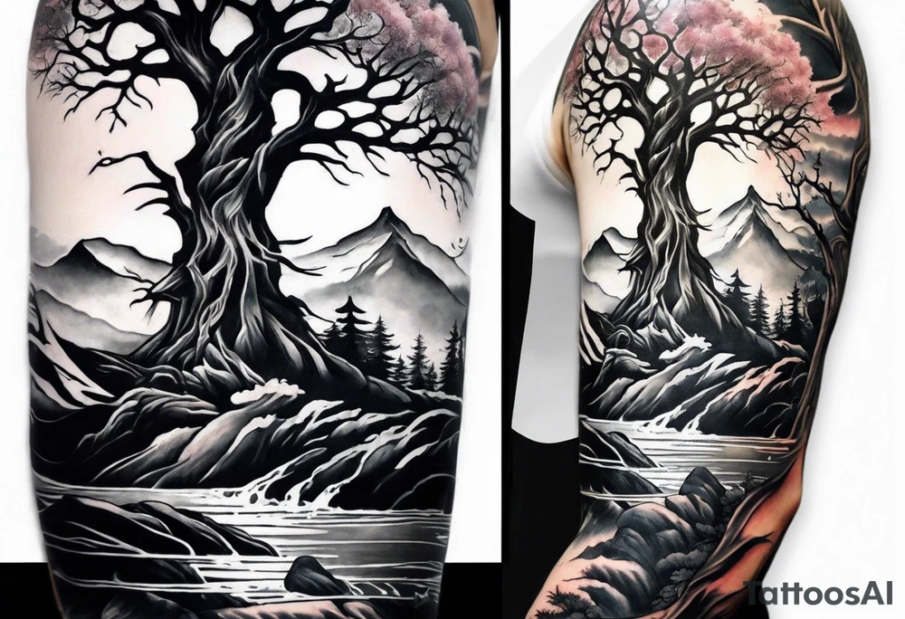 Full arm sleeve Tree reaching up to shoulder with roots going all the way down to the wrist. Mountain, water, and demon elements tattoo idea