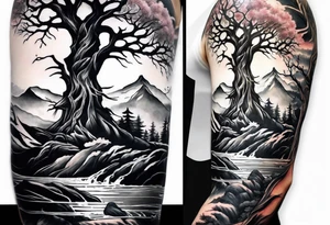 Full arm sleeve Tree reaching up to shoulder with roots going all the way down to the wrist. Mountain, water, and demon elements tattoo idea