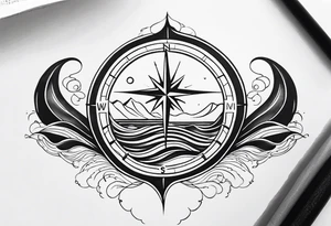 Compass with wAVES on mid back female elongated tattoo idea