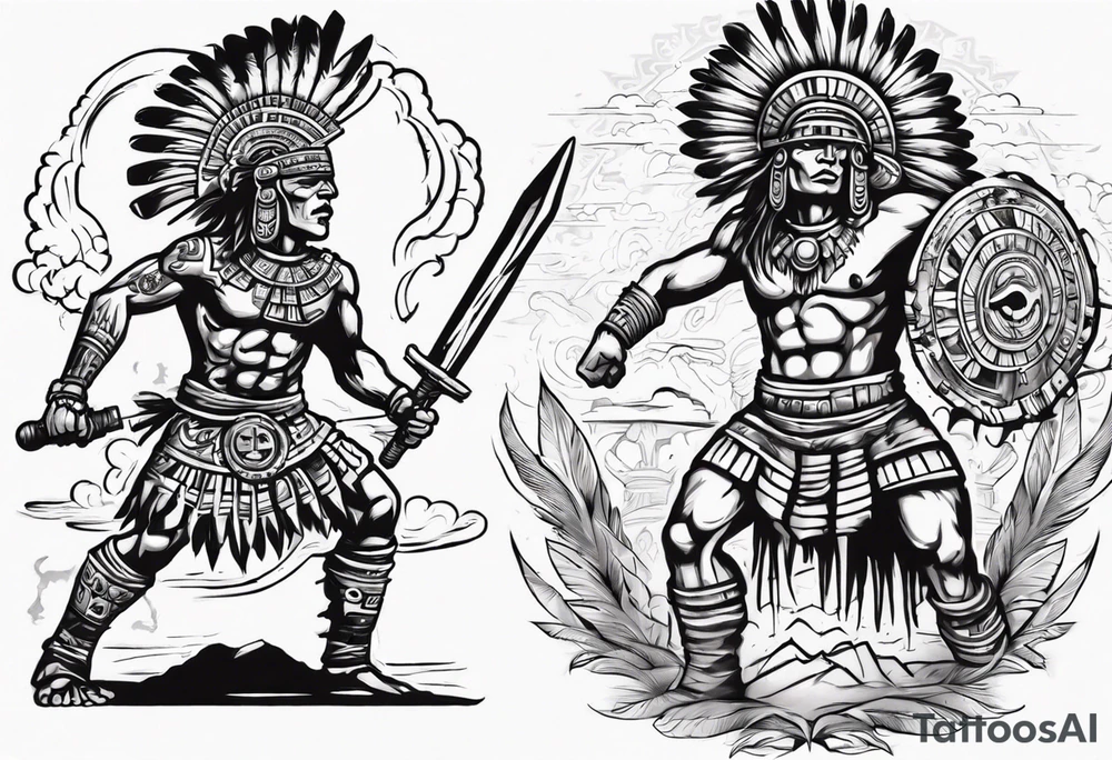 aztec warrior fighting against the gods as the sunrise from the ground tattoo idea