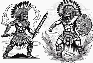 aztec warrior fighting against the gods as the sunrise from the ground tattoo idea
