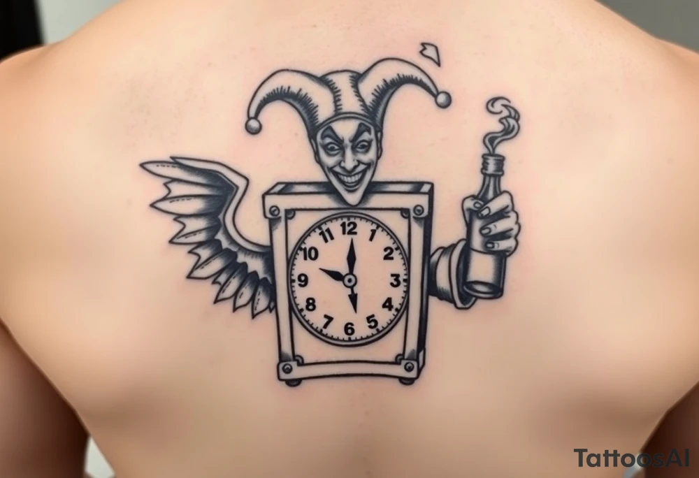 jack in the box
the box as a clock with the time 420
two open wings besides the clock
smoke as the spring
a jester clown coming out the smoke
smoking in one hand with a liquor bottle on the other hand tattoo idea