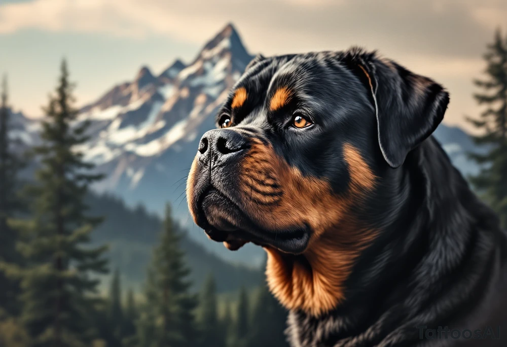 Majestic Rottweiler with Mountain Scenery – A proud Rottweiler gazing over mountain peaks and pine trees. Earth-toned fur, background in natural blues and greens. tattoo idea
