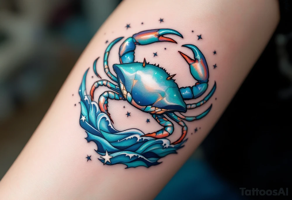 A Cancer zodiac tattoo shows a shimmering silver crab with delicate blue highlights on its shell, surrounded by soft ocean waves in teal and deep navy, with tiny white stars twinkling around it for a dreamy celestial touch. tattoo idea