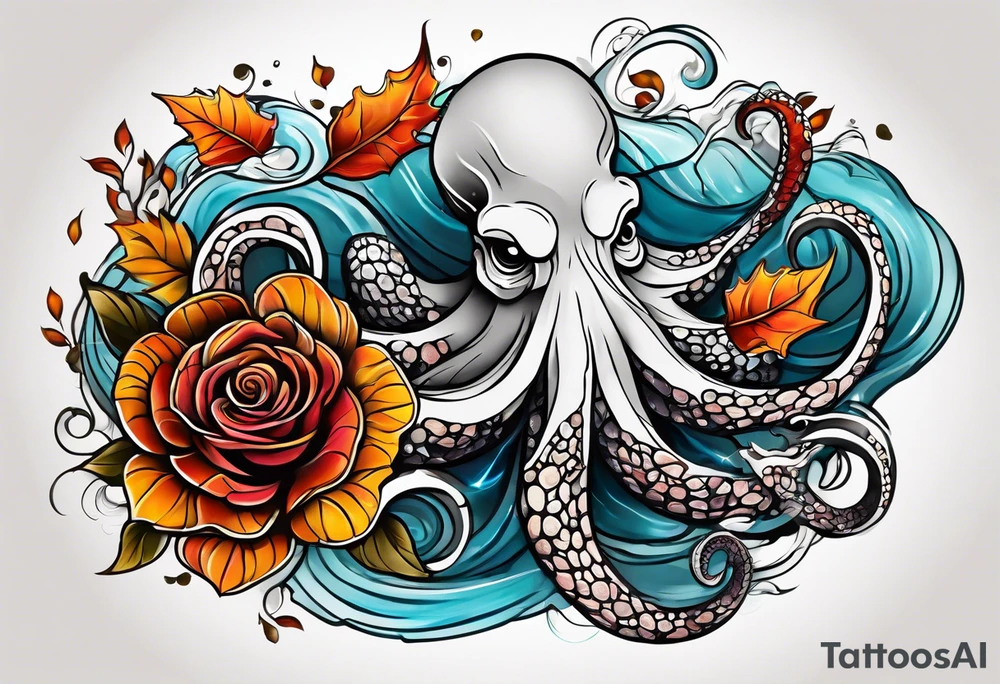 masculine abstract left thigh tattoo with a large long flowing octopus in water swirls wrapping around rocks, with a rose, in fall colors with some small leaves and fall elements tattoo idea