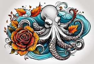 masculine abstract left thigh tattoo with a large long flowing octopus in water swirls wrapping around rocks, with a rose, in fall colors with some small leaves and fall elements tattoo idea