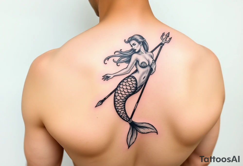 sexy mermaid with trident tattoo idea