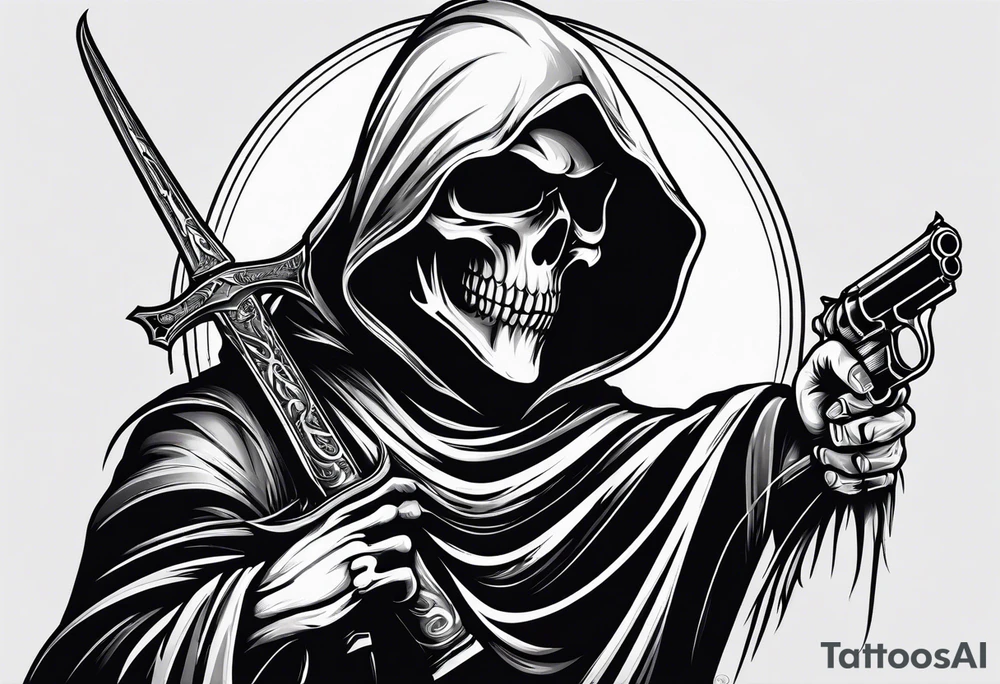 grim reaper with sword and pistol tattoo idea