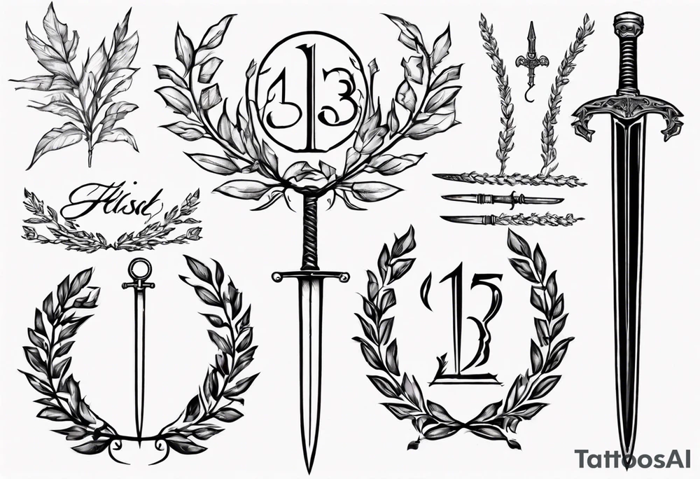 number 13, a laurel leaf wreath, and a Scottish sword tattoo idea number 13, a laurel leaf wreath, and a Scottish sword tattoo idea
