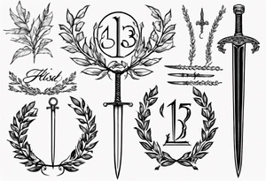 number 13, a laurel leaf wreath, and a Scottish sword tattoo idea