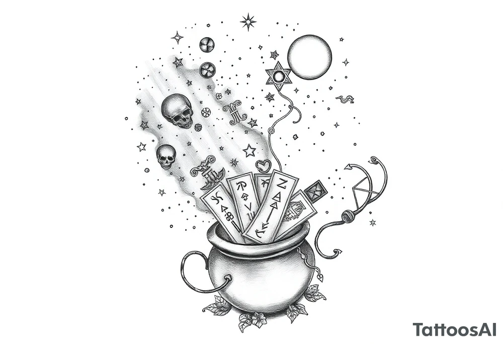 Milky way filled with zodiac symbols runes tarot cards coming out of a cauldron tattoo idea