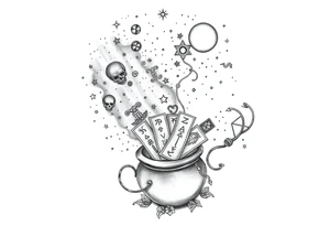 Milky way filled with zodiac symbols runes tarot cards coming out of a cauldron tattoo idea