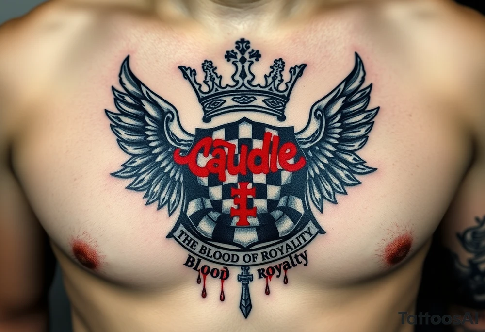 Men Doom Crest  with A Giant King Crown, CAUDLE written inside red, a chessboard, blood splatter on top of two  racing flags & OTF inside, The Words The Blood Of Royalty in red underneath the crest & 🌍 symbol in red outside of the crest, And raining blood drops, Jets/Airplanes/Helicopters/explosives tattoo idea