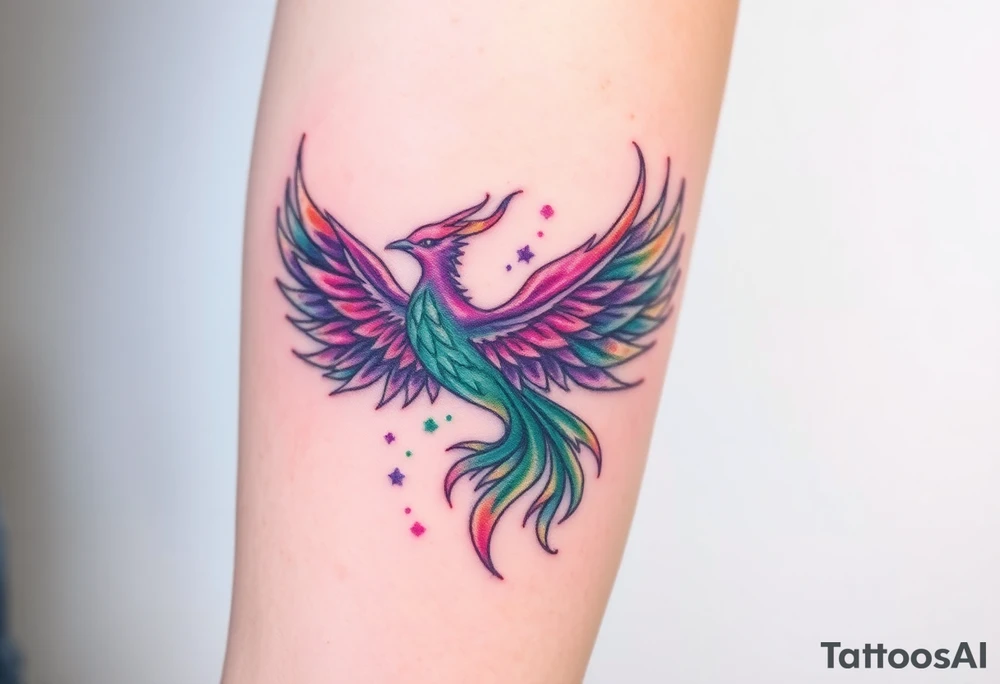 Phoenix with blazing flames with purple and green tattoo idea
