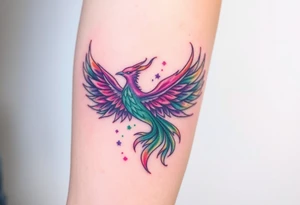 Phoenix with blazing flames with purple and green tattoo idea