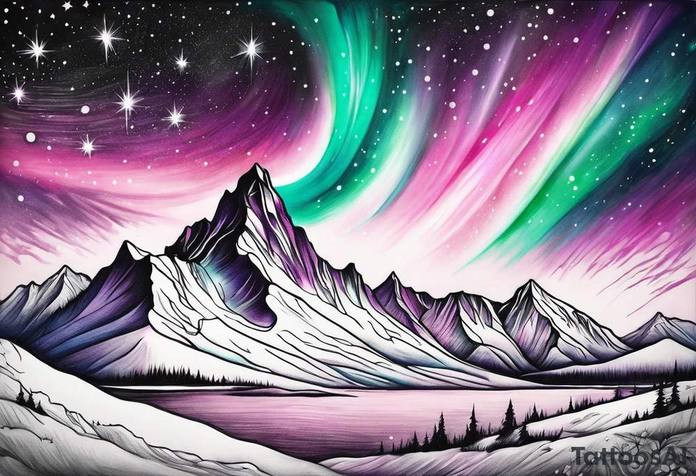 Pink purple teal green northern lights and stars tattoo idea