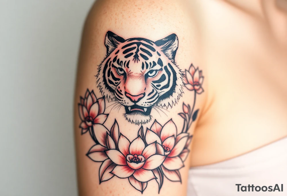 fierce tiger emerging through blooming lotus flowers in mist tattoo idea