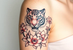 fierce tiger emerging through blooming lotus flowers in mist tattoo idea