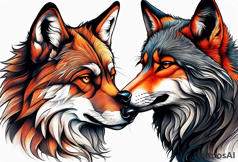 Black wolf and red fox nuzzling tattoo idea
