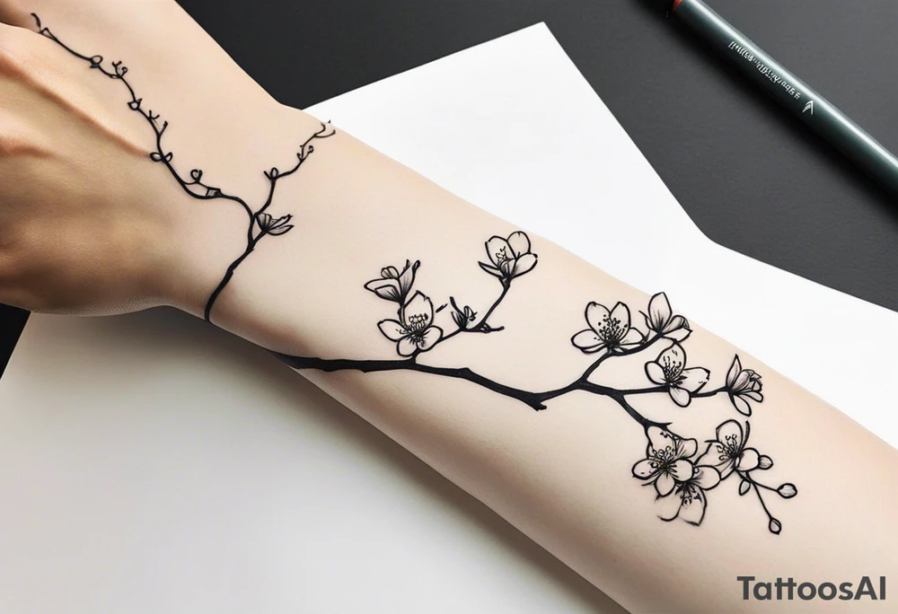 Sure thing! To guide the AI in drawing your tattoo design, you can provide step-by-step instructions like this:

1. Start by drawing a human hand pointing at a skeleton hand on the left shoulder.
2. From the wrist of the human hand, draw a cherry blossom branch sprouting out.
3. Let the branch travel down the arm, wrapping around the bicep once.
4. Narrow the branch to fit through a 7 cm gap on the forearm.
5. Finally, end the branch in a 10 cm gap on the wrist, adding more blossom flora to complete the design.

These detailed instructions should help the AI create a visual representation of your envisioned tattoo. tattoo idea
