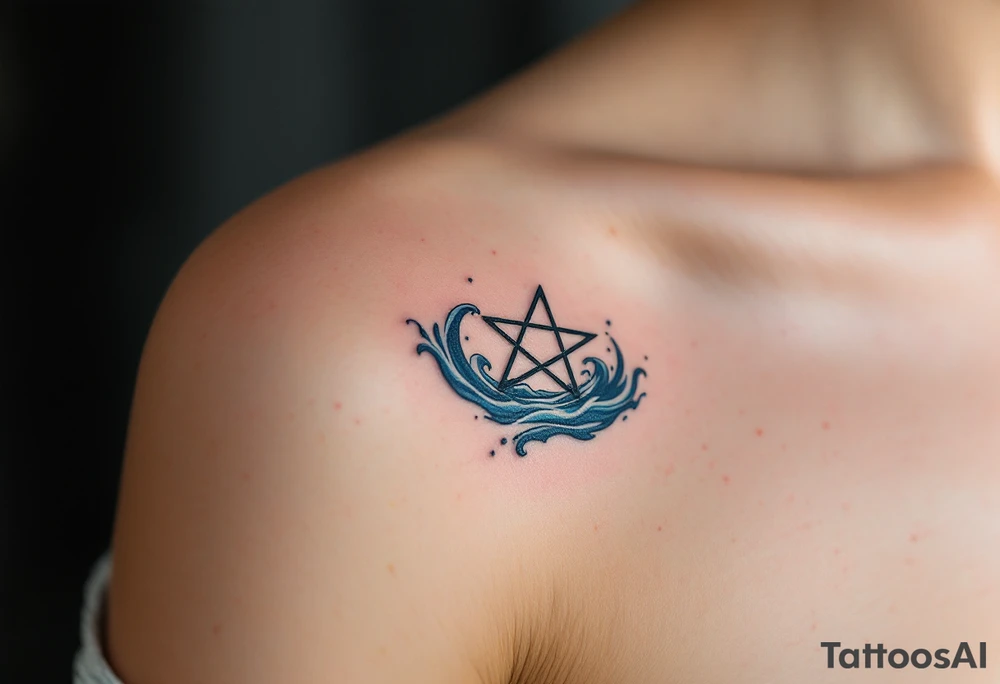 A pentagram submerged in dark water, with tiny waves and blue accents tattoo idea