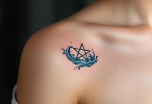 A pentagram submerged in dark water, with tiny waves and blue accents tattoo idea