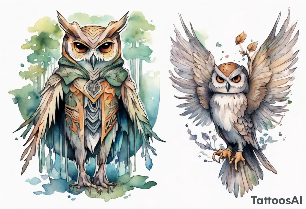 creature in a tunic wearing an owl mask with long thin legs, the feet of a bird, and wings instead of arms in an evening forest tattoo idea