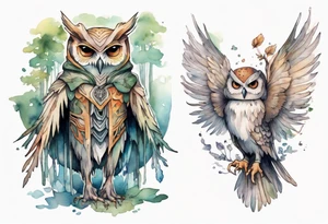creature in a tunic wearing an owl mask with long thin legs, the feet of a bird, and wings instead of arms in an evening forest tattoo idea