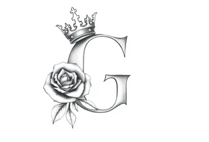 a capital G letter with a crown tilted to the left of it with a rose behind it tattoo idea